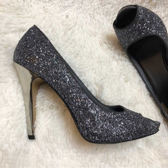 Nine West Silver Glitter Peep Toe Mirror Effect High Heels, 9 - Picture 6 of 11